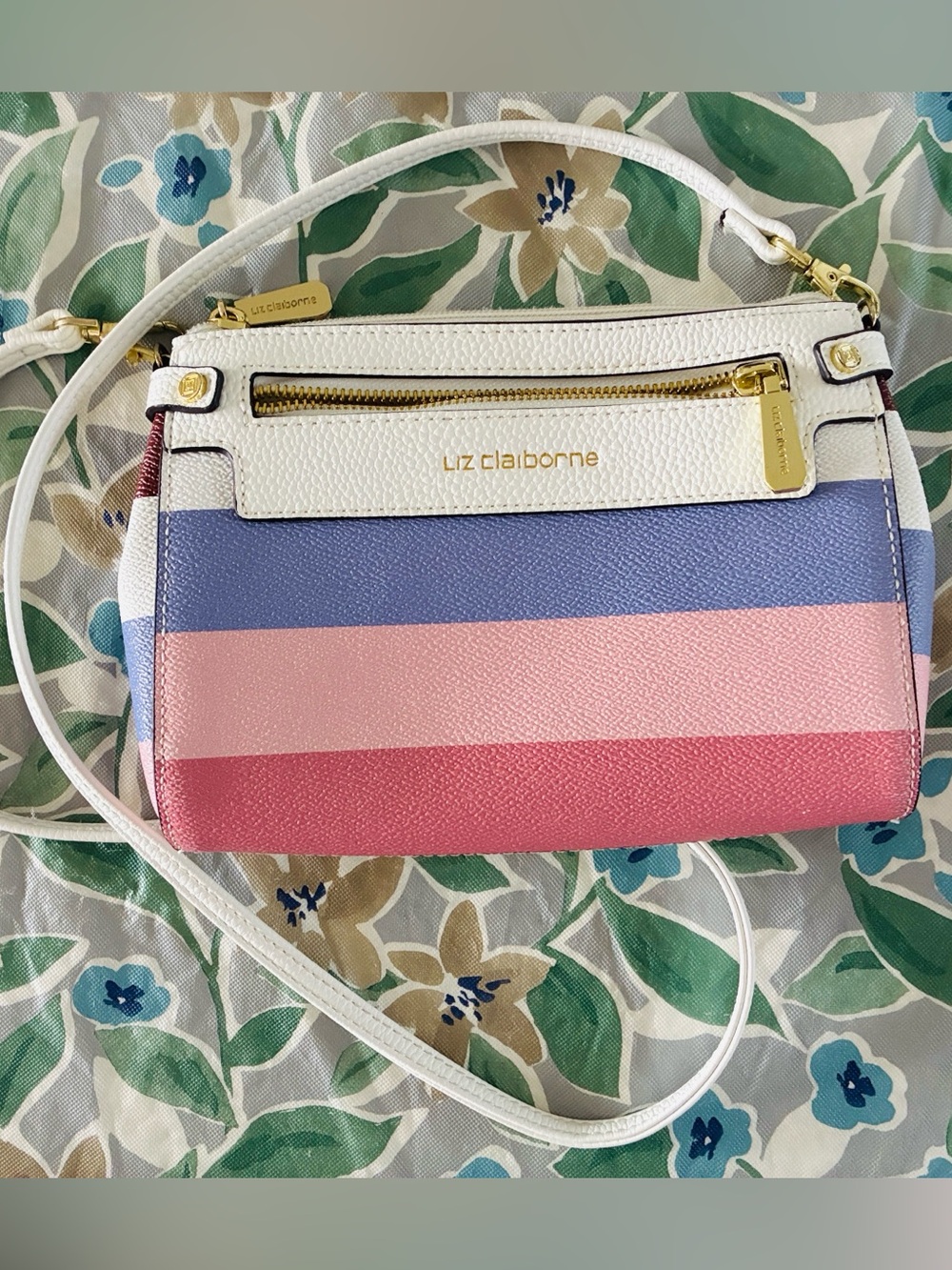 Liz Claiborne White, Blue and Pink Striped Crossbody Bag